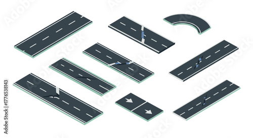 Isometric road sections with traffic lanes and curved pieces for infrastructure design