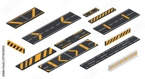 Isometric road elements set with traffic signs in black and yellow