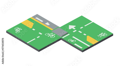 Isometric bike lanes and paths design with arrows and markings for cycling safety