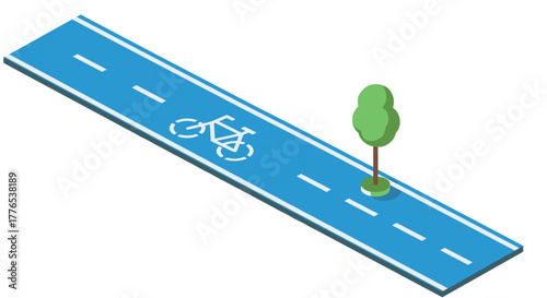 Isometric blue bike lane with tree on urban road