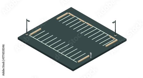 Isometric parking lot design with marked stalls and street lamps