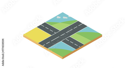 Isometric landscape with crossroads and fields in minimalist style