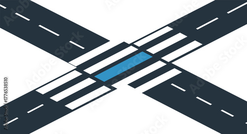 Geometric abstract road intersection with blue accent in minimalist design