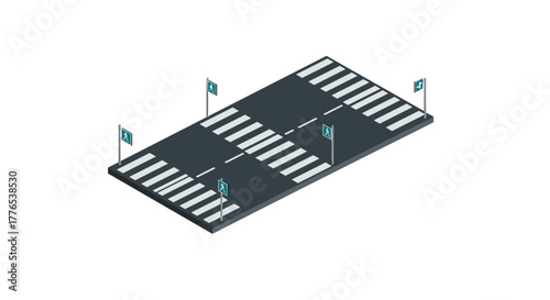 Isometric crosswalk and road signs on a minimalist roadway