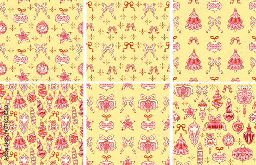 Festive Christmas tree decorations. Delicate pastel pink balls and bubbles on a yellow background. Seasonal New Year wallpaper. A set of six retro style boho patterns for wrapping paper and fabric.