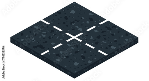 Isometric asphalt road segment with white markings and gravel texture