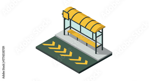 Isometric yellow bus stop design with urban elements and arrows
