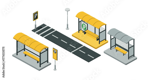 Isometric bus stop set with road and parking signs in urban style