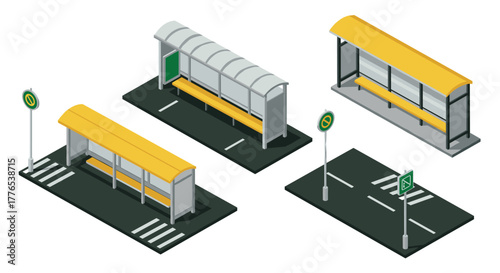 Modern isometric bus shelters with yellow roofs and road elements