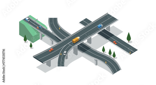 Isometric highway interchange with moving vehicles and green surroundings