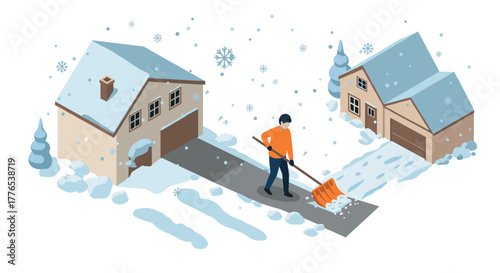 Isometric winter scene with snow shoveling near cozy houses