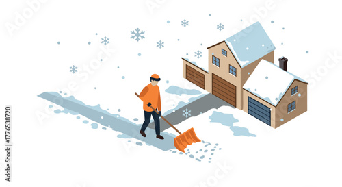 Urban winter scene with person shoveling snow near homes in isometric style