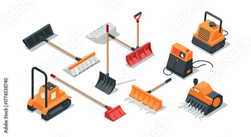 Isometric snow removal equipment with shovels, rakes, and machinery