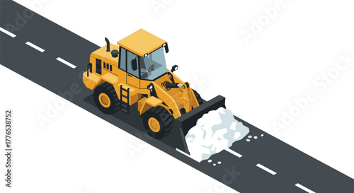Isometric yellow bulldozer clearing snow from asphalt road