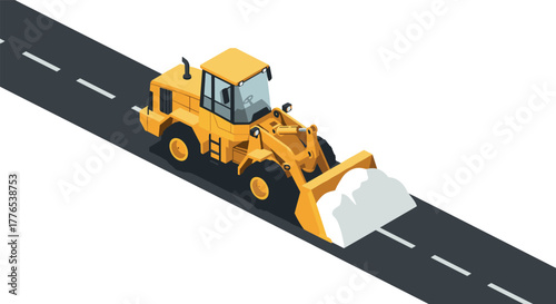 Yellow bulldozer clearing snow on road in isometric design