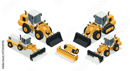 Isometric construction equipment collection with bulldozers and excavators in yellow