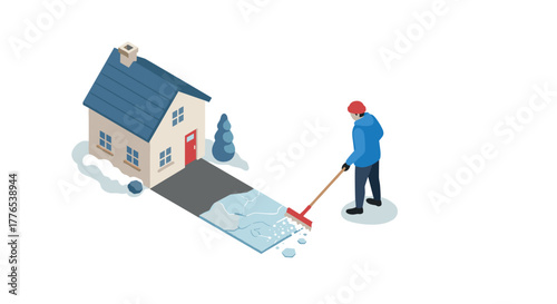 Snow removal in winter isometric style with man clearing driveway