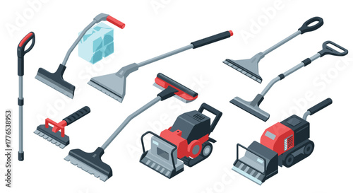 Isometric snow removal tools and equipment set in modern 3d design