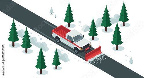 Snow plow truck clearing road in winter forest isometric scene