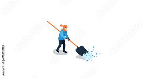 Isometric female worker clearing snow with large shovel for winter maintenance