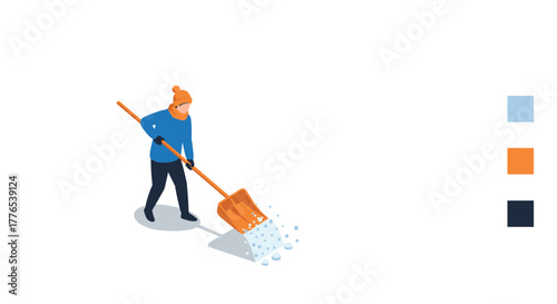 Isometric illustration of person shoveling snow in winter attire