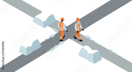 Isometric road construction workers in snowy intersection scene