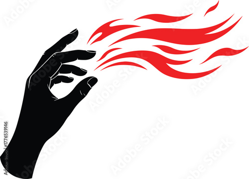 Black hand silhouette with red flames emanating from fingers, power, energy, magic concept art vector.