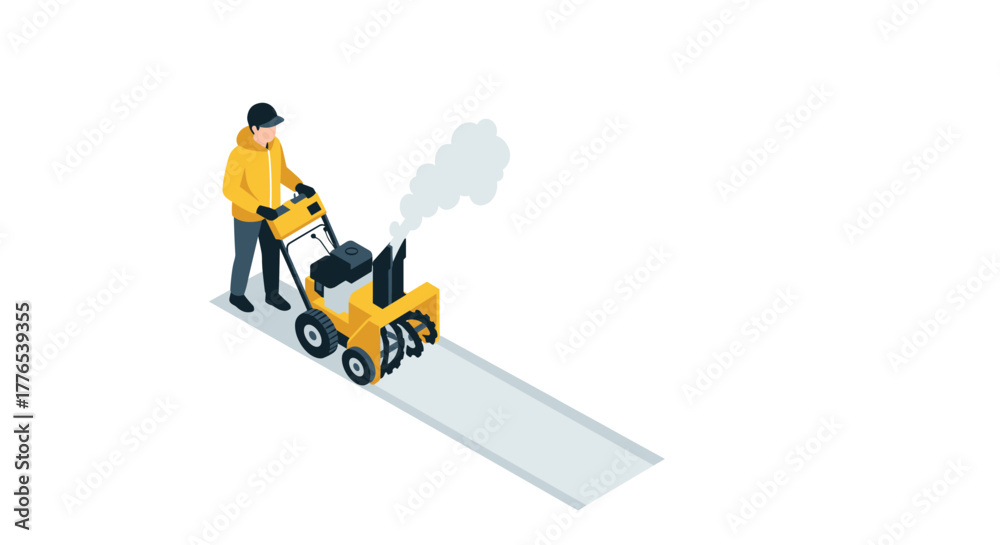 Obraz premium Worker operating snow blower in winter, efficiently clearing sidewalk in isometric style