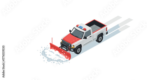 Isometric snow plow truck with red and white design clearing snowy road