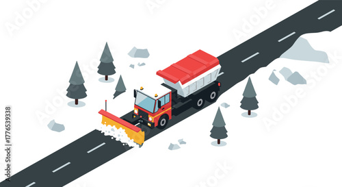 Isometric snowplow clearing winter road with pine trees and rock debris