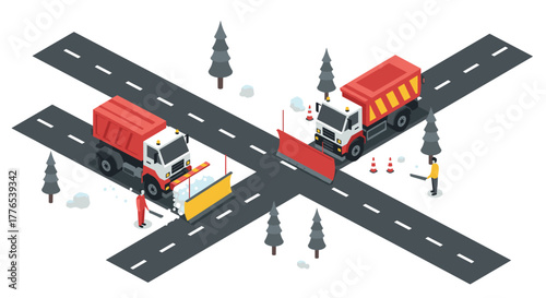Snowplow trucks in action on winter roads with safety cones and workers in isometric design