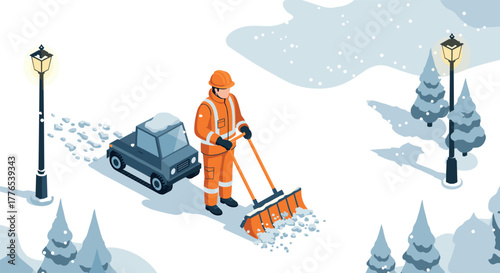 Snowy winter scene with worker clearing path in isometric style