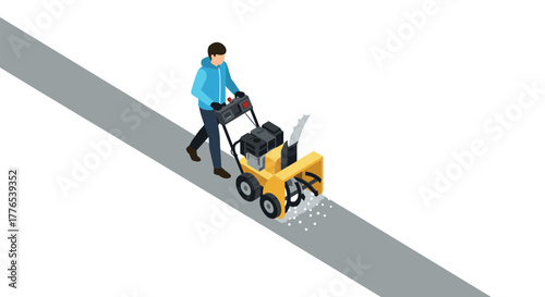 Isometric man operating snow blower on winter sidewalk