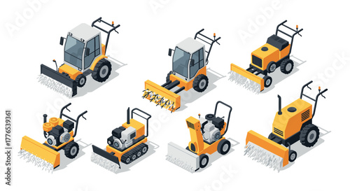 Isometric agricultural machinery set featuring modern farming equipment