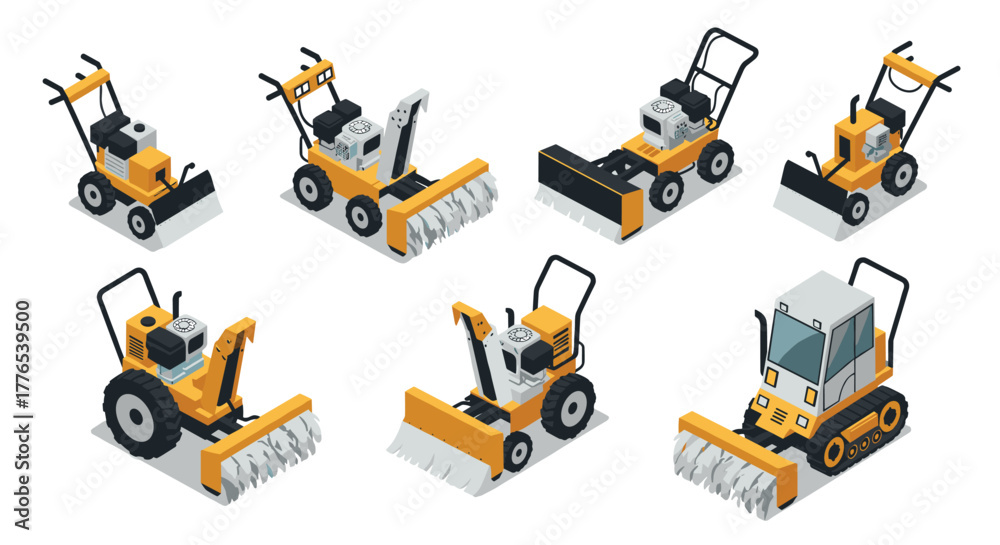 Fototapeta premium Isometric lawn equipment 3d set mowers and tractors with front blades