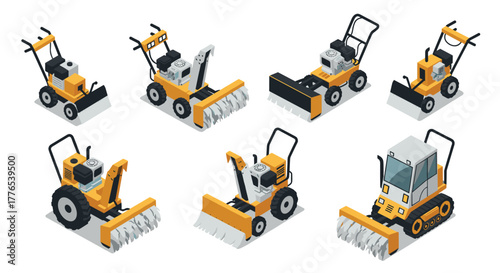 Isometric lawn equipment 3d set mowers and tractors with front blades
