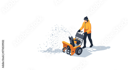 Isometric winter scene with person operating snow blower in cold weather gear