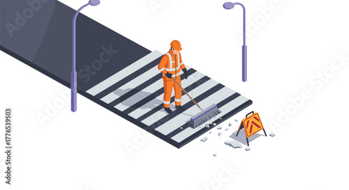 Road maintenance worker in orange uniform cleaning crosswalk isometric art