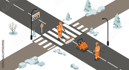 Isometric winter road maintenance with workers cleaning snowy crosswalk