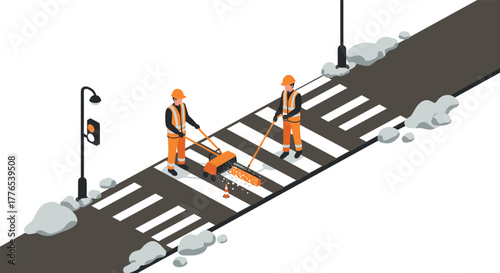 Isometric construction workers painting crosswalk on urban street