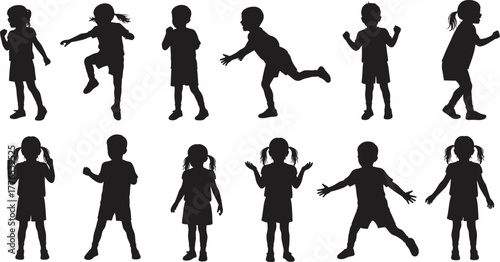 Children silhouette, playful kids, dancing poses, energetic movement, black figures, white background, childhood activity, fun gestures, vector illustration, clipart