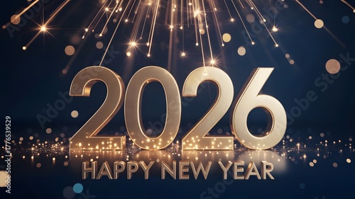 Shiny 2026 numbers with fireworks and bokeh, happy new year festive background