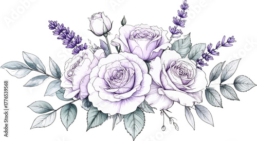 Elegant lavender rose bouquet watercolor style. Hand-drawn purple roses with soft leaves. Romantic lavender floral arrangement art. Botanical violet rose composition drawing