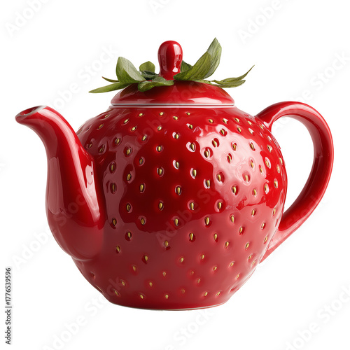 Bright Red Teapot With Strawberry Design and Leaf Detail for Tea Serving