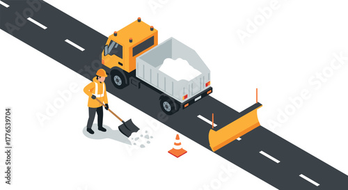 Isometric road maintenance scene with truck and worker shoveling snow