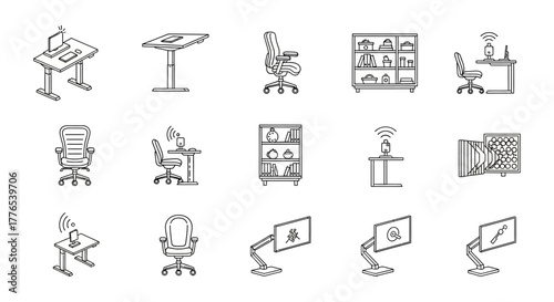 office furniture icons displaying ergonomic workspaces equipment for businesses creating collaborative environments modern design elements for web banners