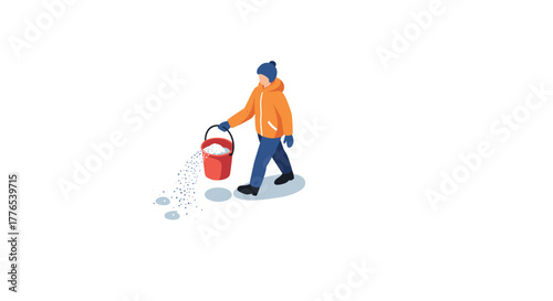 Person spreading salt on snow in winter isometric scene