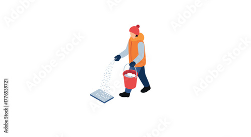 Winter safety isometric design person spreading salt on icy path