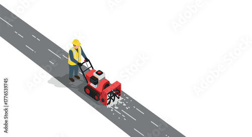 Road worker operating asphalt cutter machine in isometric view on highway