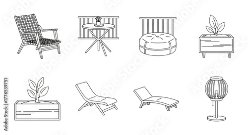 patio furniture set illustration lounge chairs table and planters for outdoor living space in modern design perfect for home decor concepts.